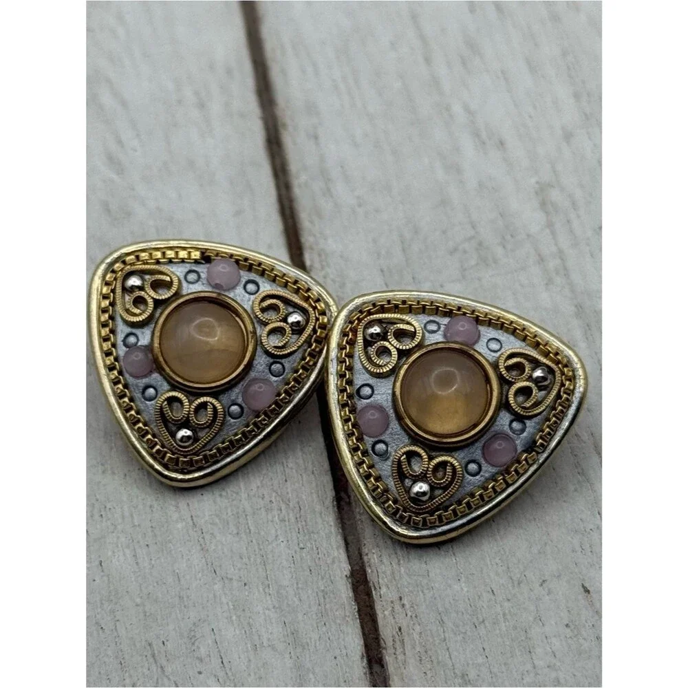 Vintage Michal Golan Silver Tone Orange Stone Faux Pearl clip on  Earrings